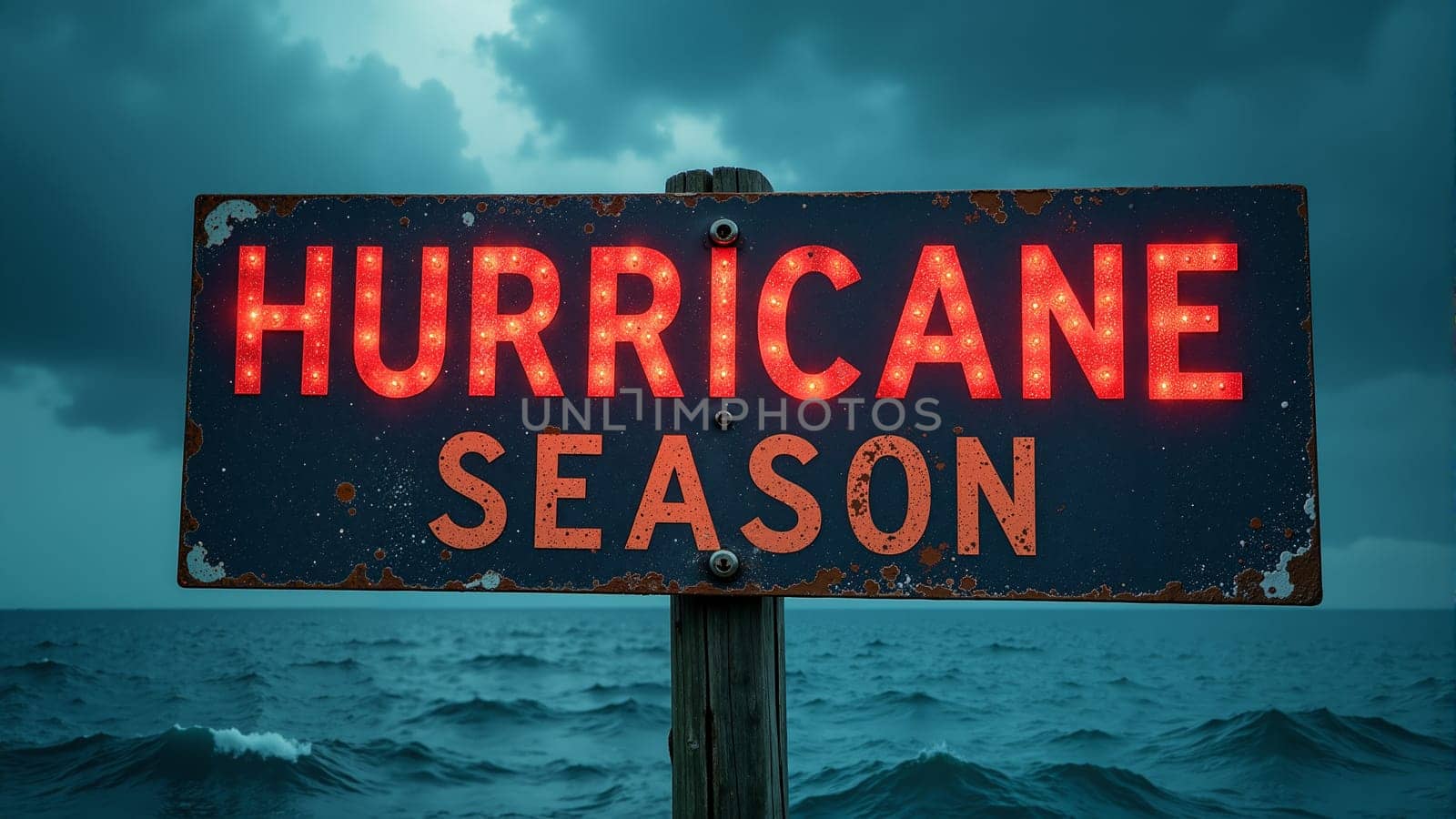 As ominous clouds loom overhead, bright neon letters flash the warning of hurricane season amidst crashing waves, urging everyone to stay alert and prepared for potential storms approaching the coast.