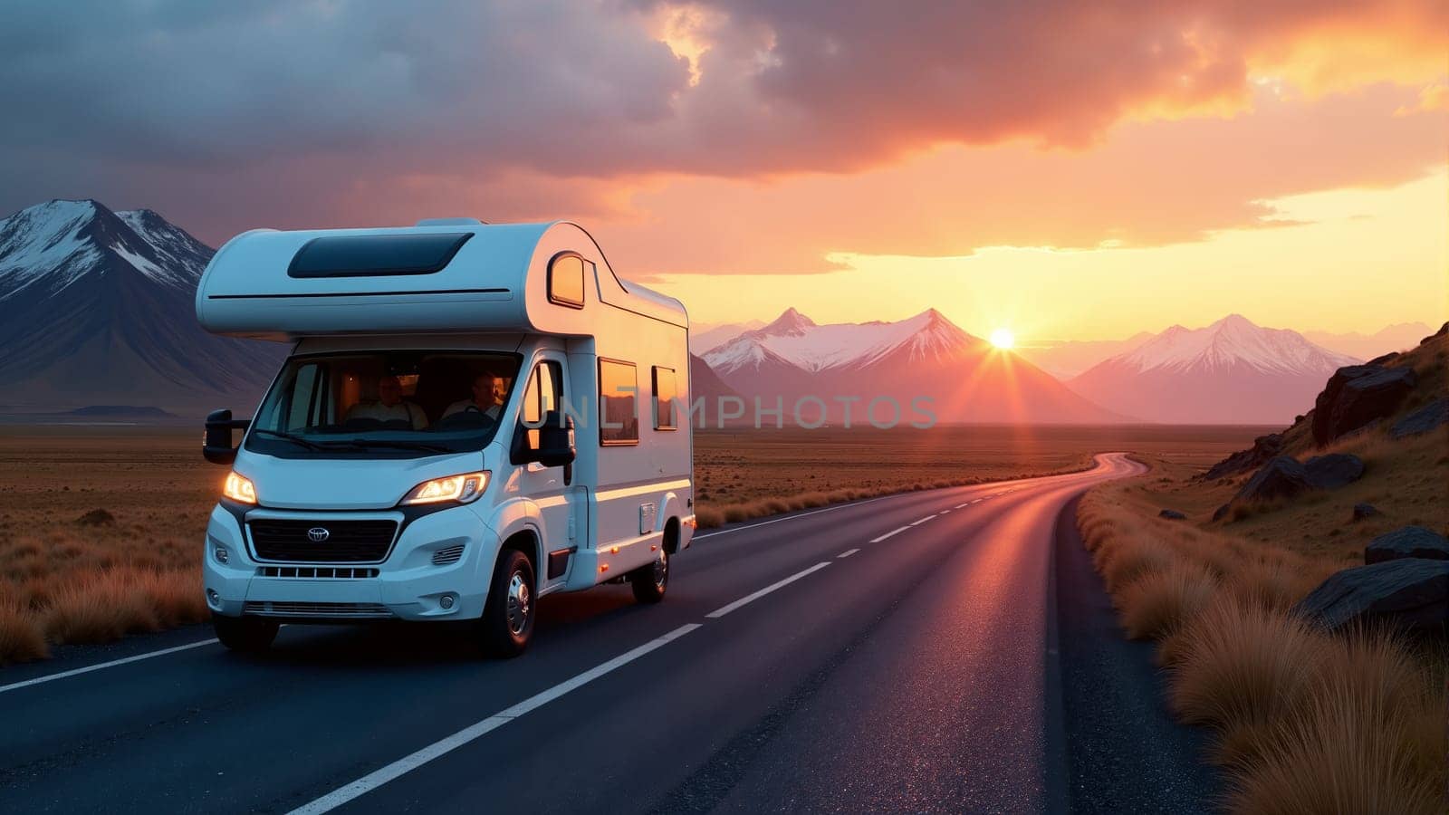 A cozy camper van travels along a winding road as the sun sets behind majestic mountains, filling the sky with vibrant hues. This picturesque journey captures the essence of adventure and freedom.
