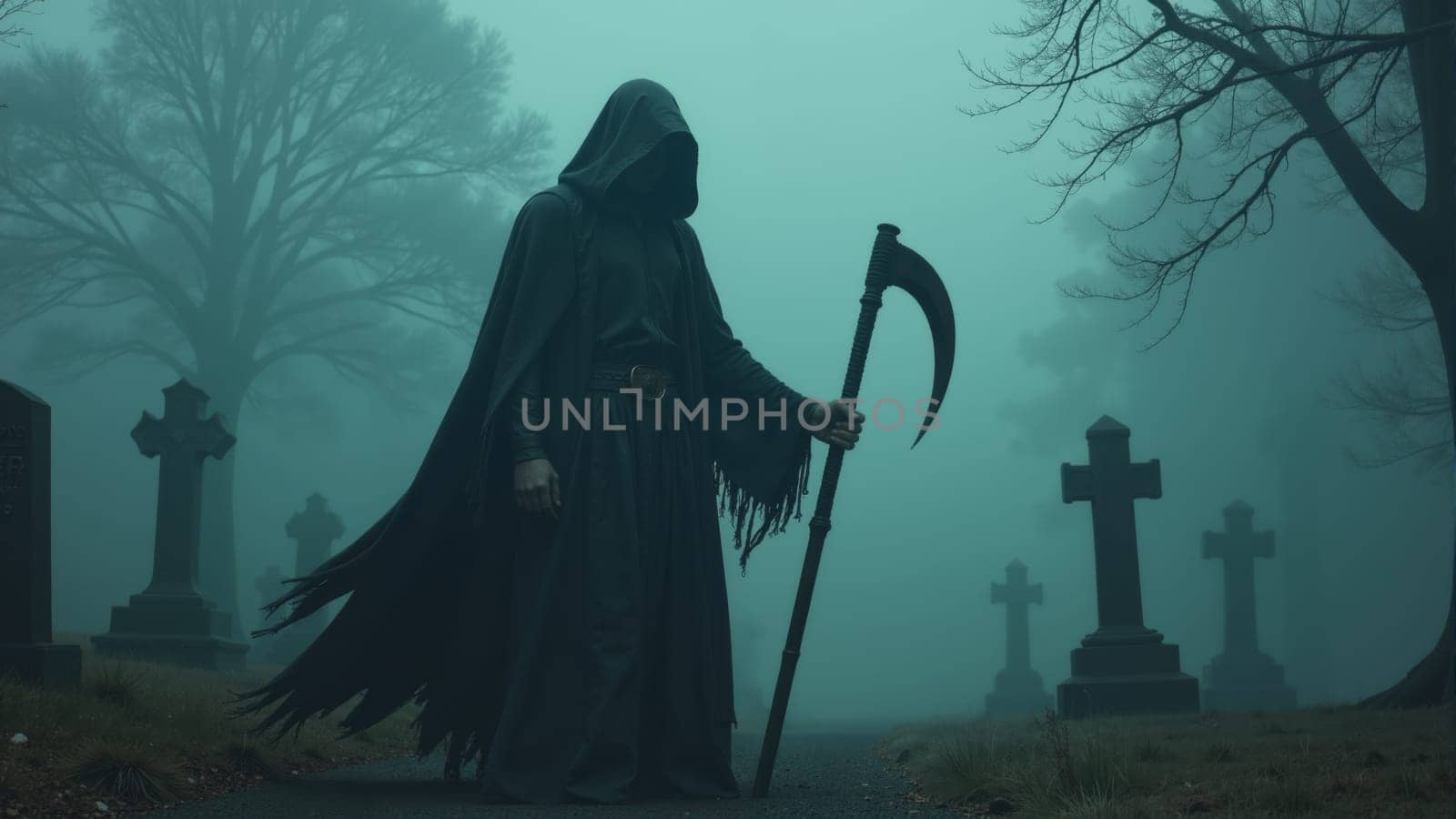 Cloaked in darkness, a lone figure holds a scythe amid a foggy graveyard. The eerie atmosphere and silhouetted tombstones evoke a sense of mystery and foreboding as night approaches.
