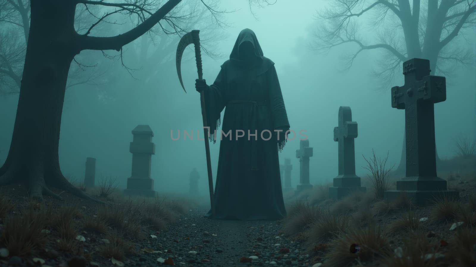 Cloaked in darkness, a lone figure holds a scythe amid a foggy graveyard. The eerie atmosphere and silhouetted tombstones evoke a sense of mystery and foreboding as night approaches.