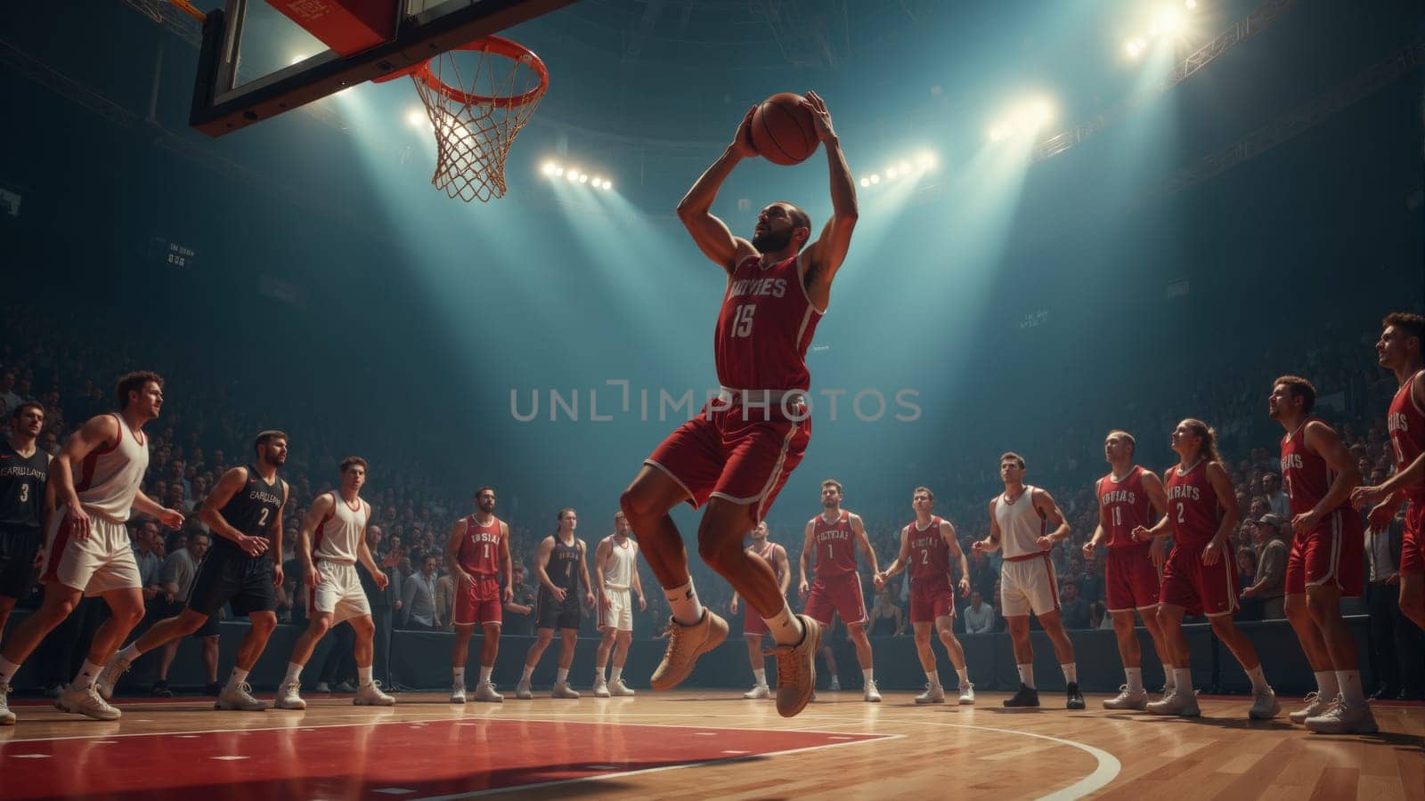 A player in a vibrant red uniform leaps high towards the basket, showcasing an impressive slam dunk. The atmosphere is electric as fans cheer wildly, illuminated by dramatic lighting in the arena.