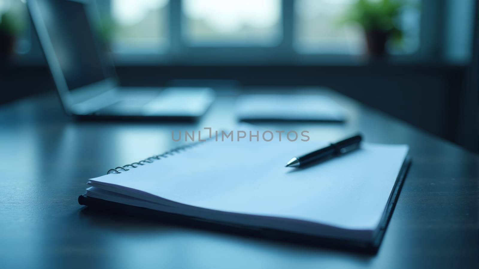 As the sun sets, a cozy workspace is illuminated softly, featuring a clear sheet of paper and a sleek pen waiting for inspiration. A laptop rests nearby, hinting at unfinished tasks.