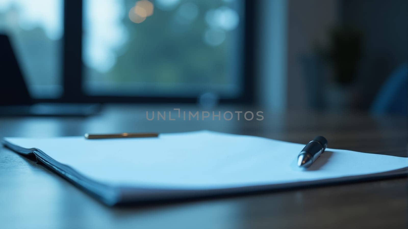 As the sun sets, a cozy workspace is illuminated softly, featuring a clear sheet of paper and a sleek pen waiting for inspiration. A laptop rests nearby, hinting at unfinished tasks.