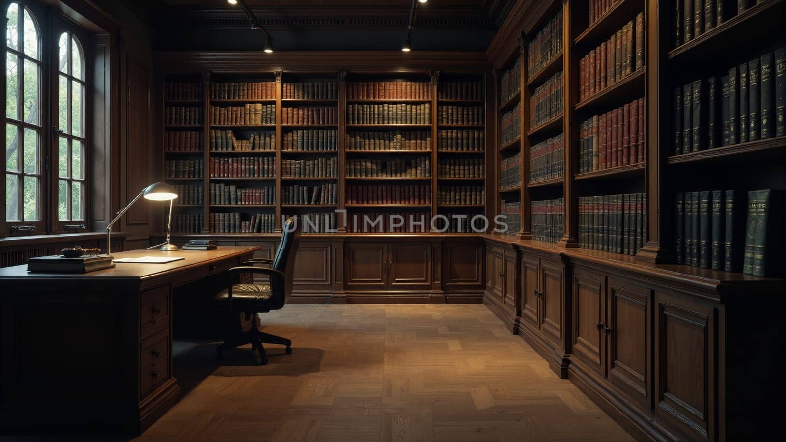 The warm ambiance of a wooden library features towering bookshelves brimming with leather-bound tomes. A stylish desk and chair create a perfect study nook, inviting deep contemplation and learning.