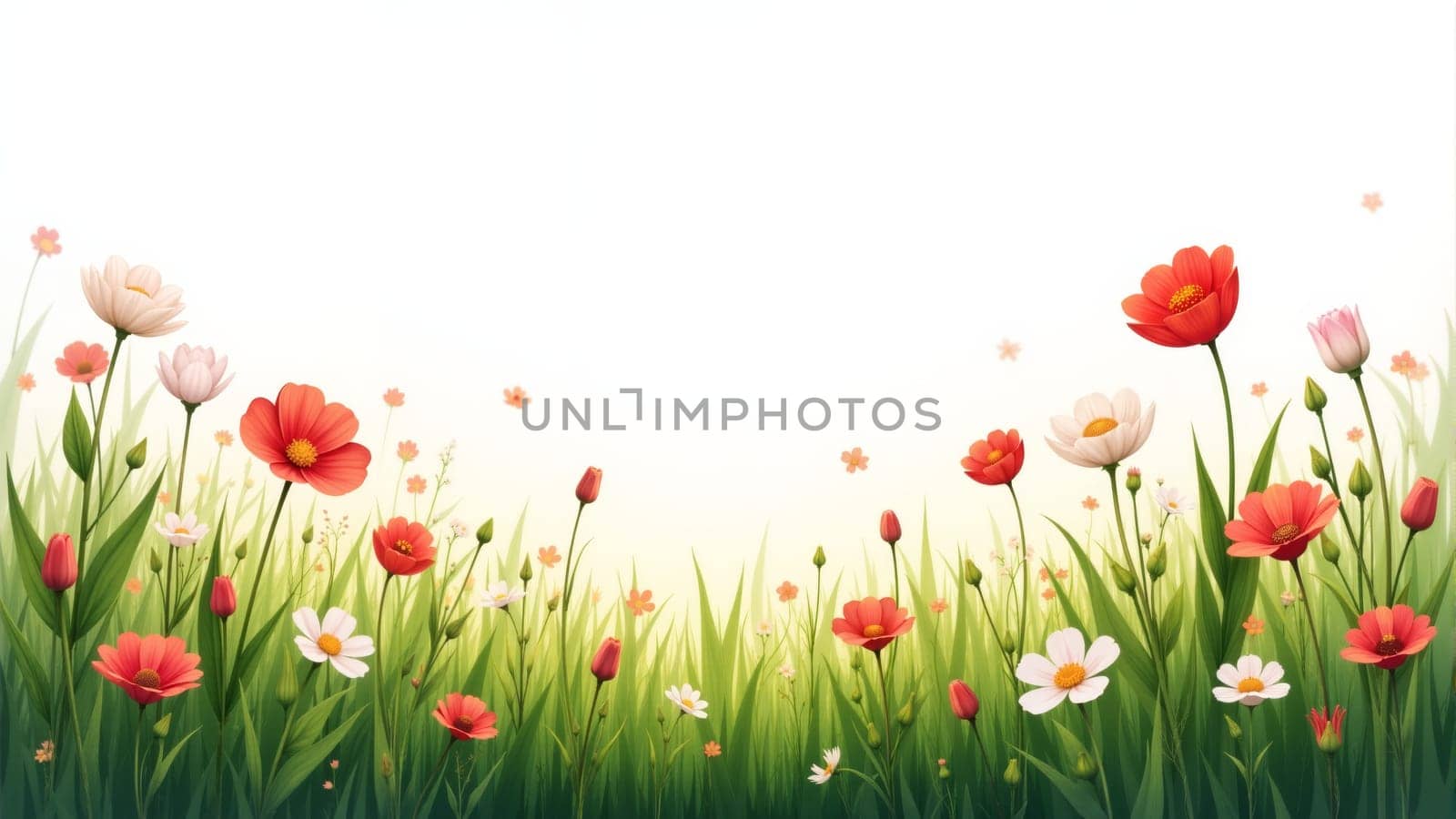 A colorful wildflower meadow bursts with life as blossoms sway in the light afternoon breeze. Sunlight filters through, creating a serene atmosphere filled with floral beauty.