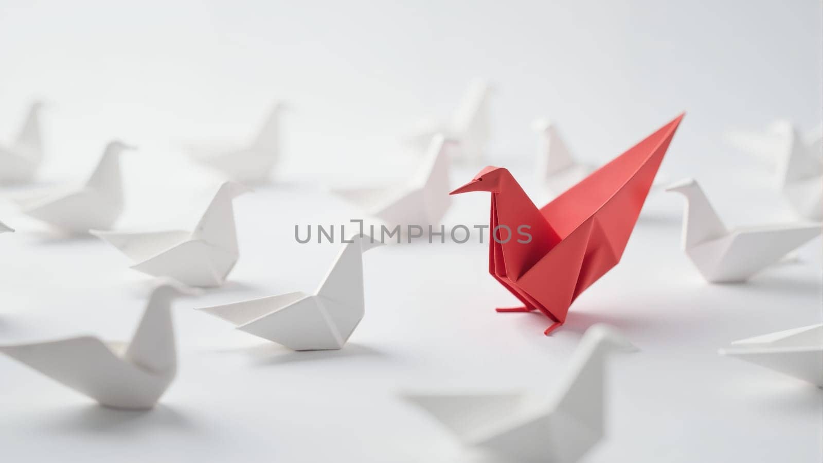 A vibrant red origami bird takes center stage among a flock of white paper birds, symbolizing individuality and creativity. This artistic display captures attention and sparks imagination.