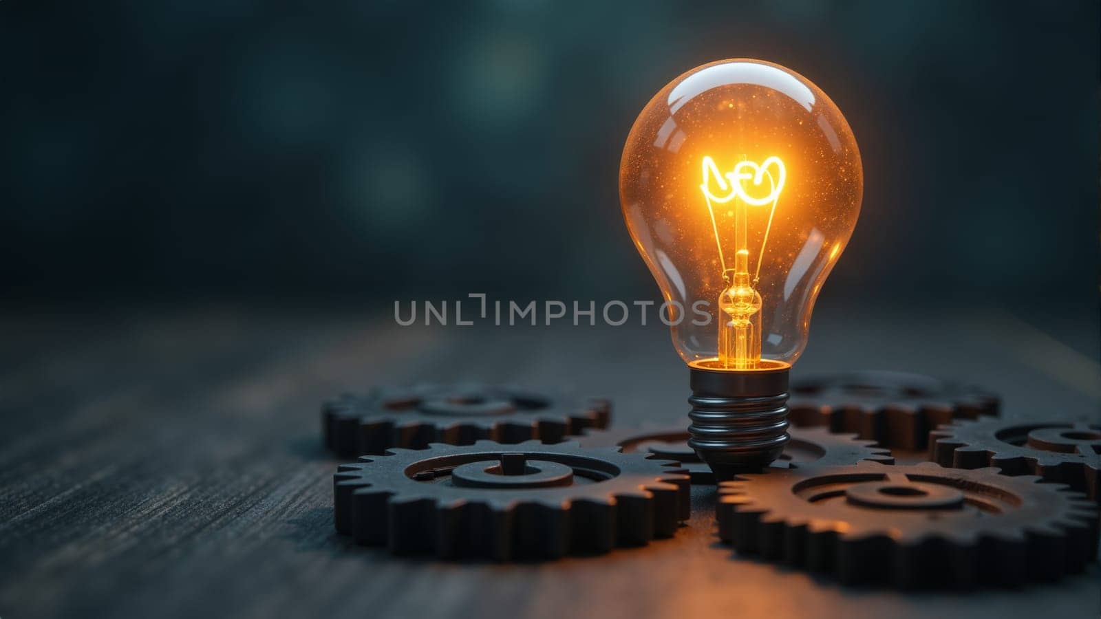 A glowing light bulb radiates warmth, resting atop a bed of metallic gears. The soft illumination creates a captivating atmosphere in a workshop filled with potential for creativity and invention.