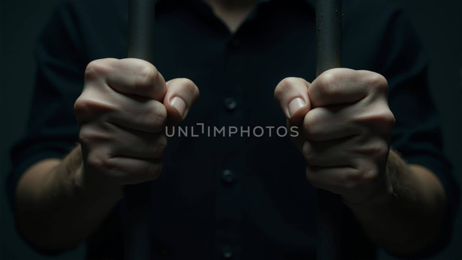 Strong hands grip cold metal bars, symbolizing desperation and solitude. The shadows deepen the mood, reflecting feelings of hopelessness in a dark, confining space, emphasizing isolation.