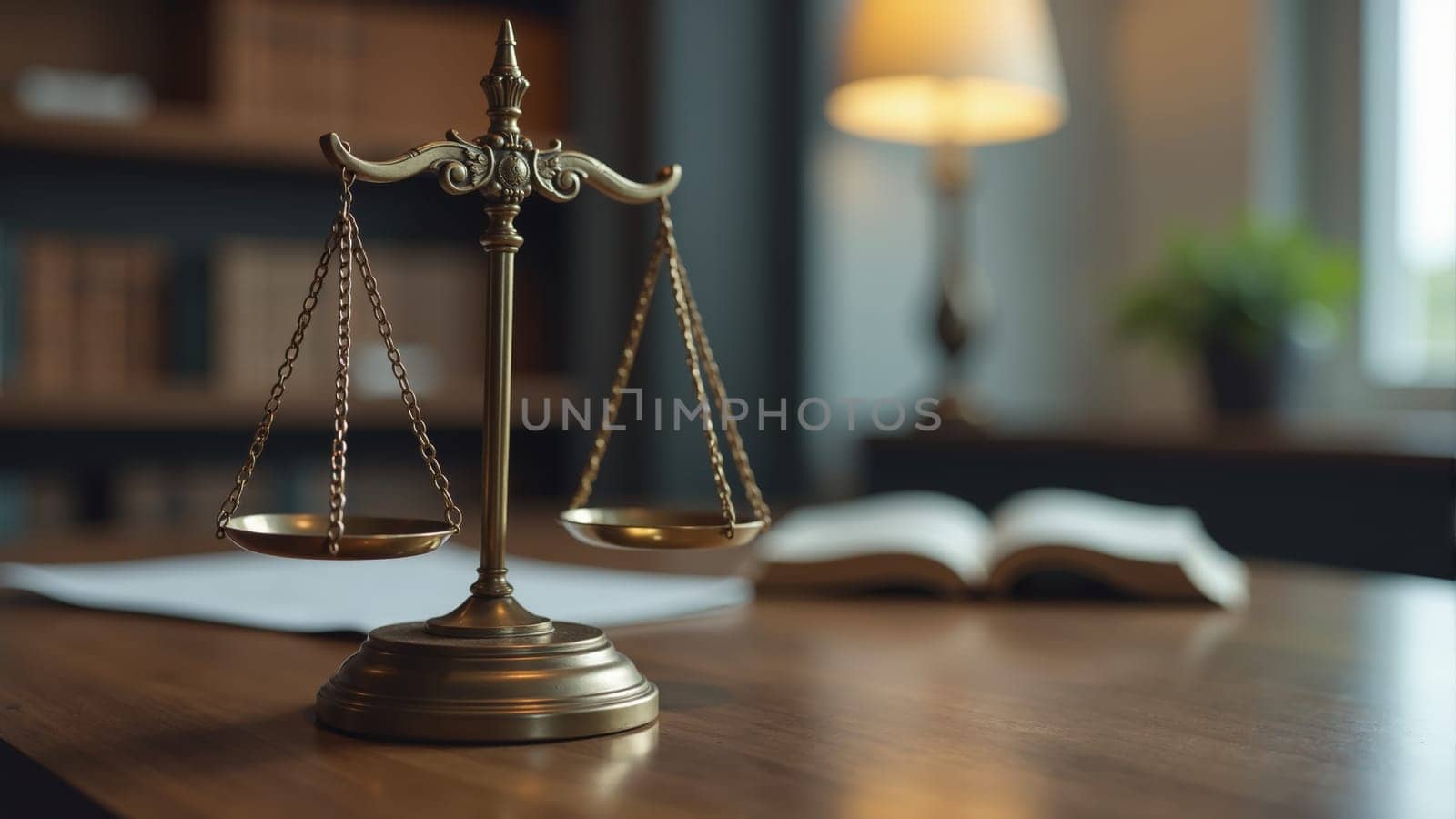 Balancing carefully on a polished wooden desk, the brass scales of justice symbolize fairness and equality. Sunlight filters through the window, illuminating a serene law office ambiance.