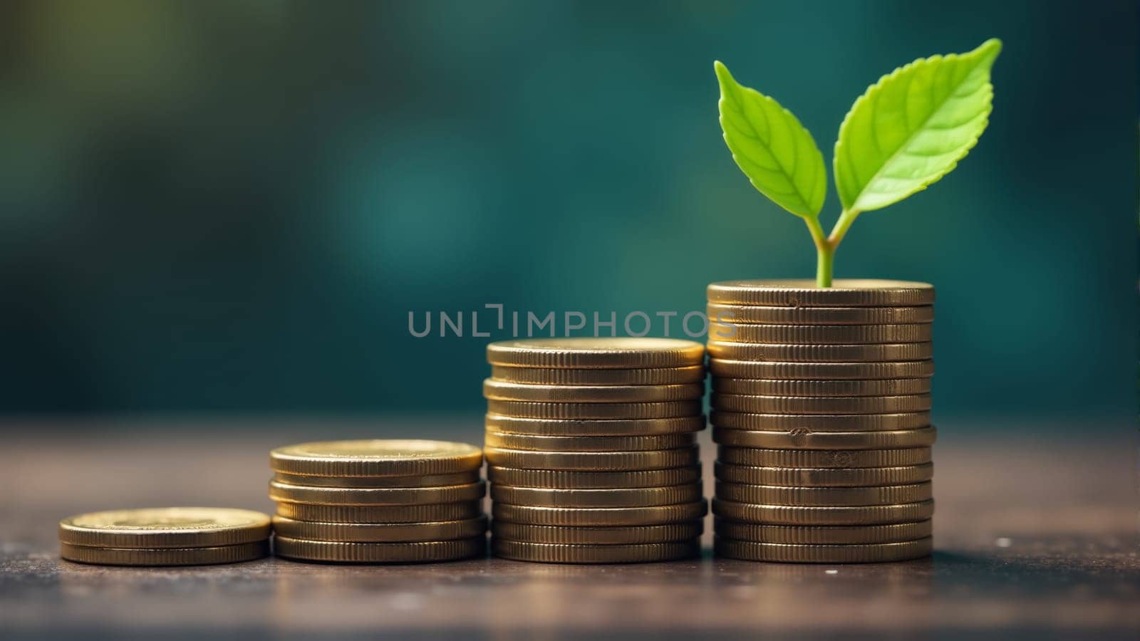 Stacks of coins rise steadily, showcasing financial growth, while a vibrant green sprout emerges from a percentage symbol, symbolizing prosperity and sustainable investment.