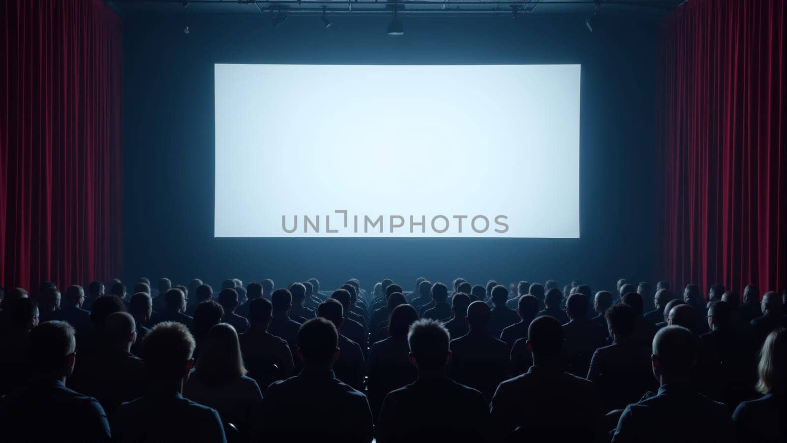 Rows of captivated moviegoers fill the dimly lit theater, anticipation buzzing in the air as the screen remains blank before the film begins, vibrant red curtains framing the immersive experience.