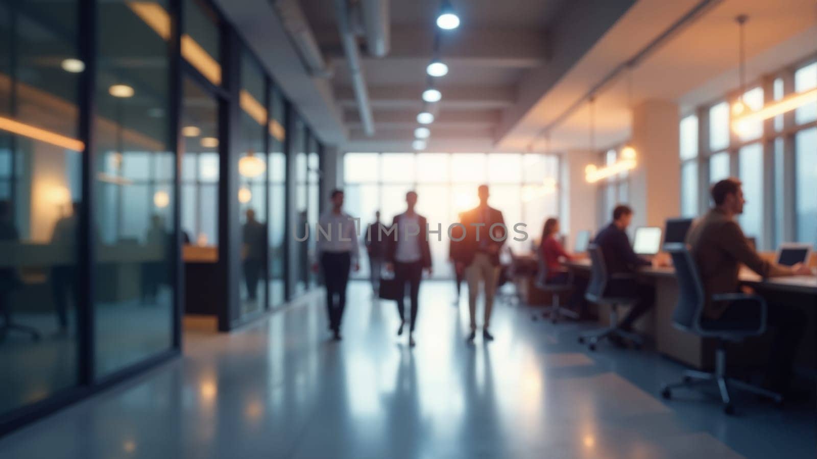 A group of professionals in business attire interacts in a contemporary office space during sunset. People walk briskly while others collaborate at desks, showcasing a vibrant atmosphere.