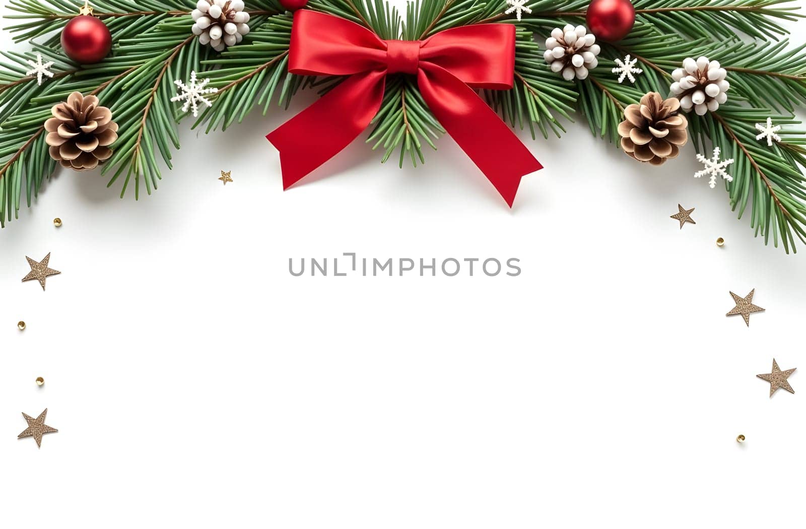 A graceful Christmas wreath made of pine branches, pinecones, and red ribbons adorns the top of the card. The bottom features a blank area framed by delicate snowflakes and stars, perfect for adding personalized text. High quality photo