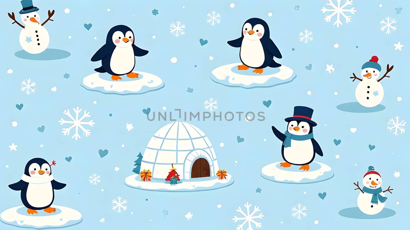Cheerful penguins and snowmen in a wintery scene are joined by igloos and falling snowflakes in this seamless, lighthearted design.
