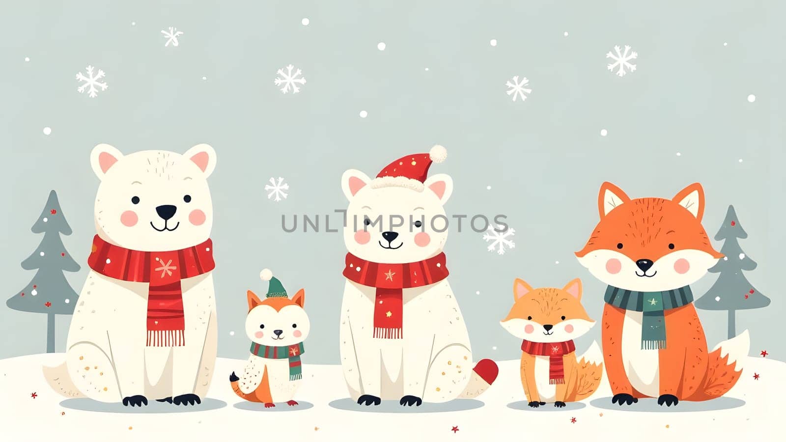 A cozy winter design showcasing polar creatures in holiday scarves, snowflakes, and stars on a soft, icy gray backdrop.