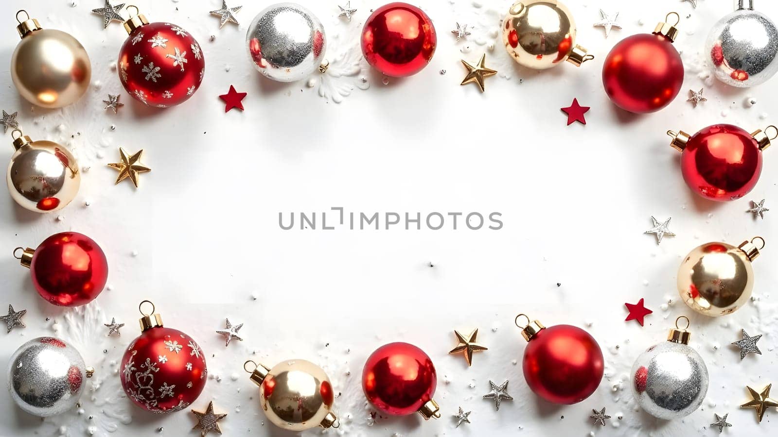 A festive seamless design of gold, silver, and red Christmas ornaments baubles, stars, and bells symmetrically placed on a snowy white background for a seasonal touch.