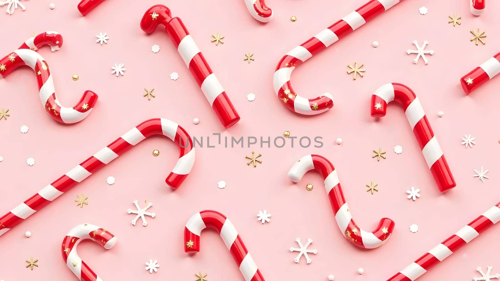 A seamless holiday pattern with candy canes, caramel swirls, and sparkling snowflakes on a pastel pink background for sweet seasonal charm.
