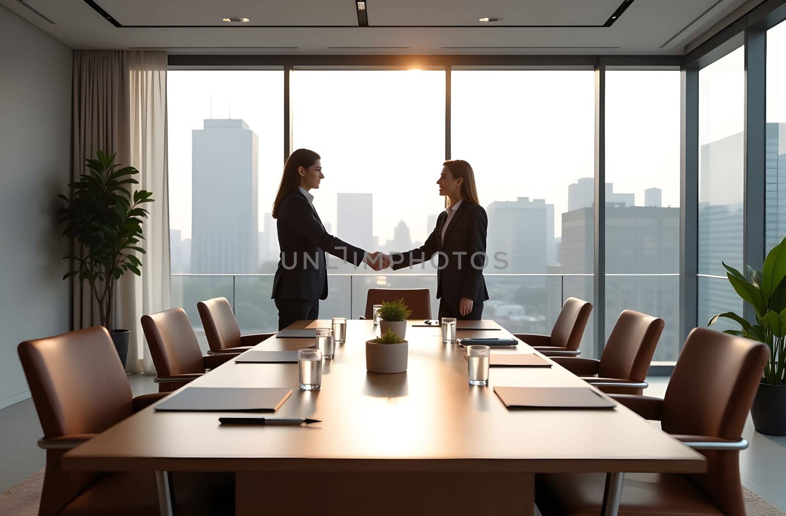 Two professionals greet clients with a handshake across a polished table in a spacious, glass-walled conference room with a city view. High quality photo