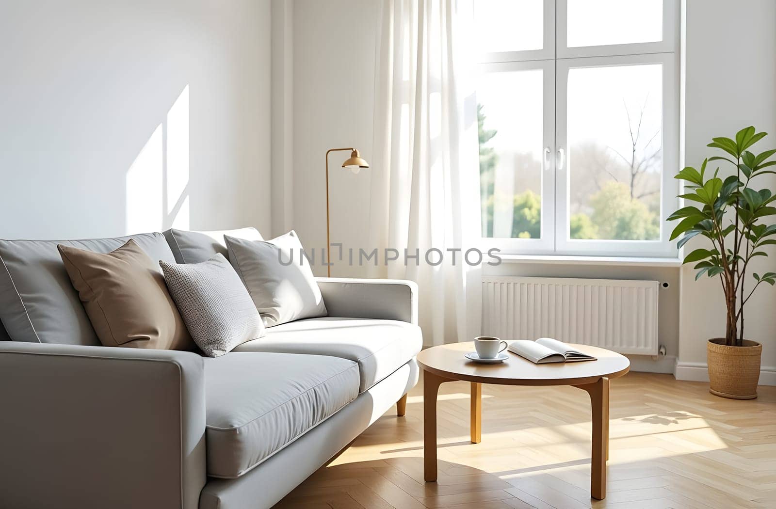 A bright, airy living room in Scandinavian style with a cozy gray sofa, light wooden floors, and large windows that bring in natural light and a view of the outdoors. High quality photo