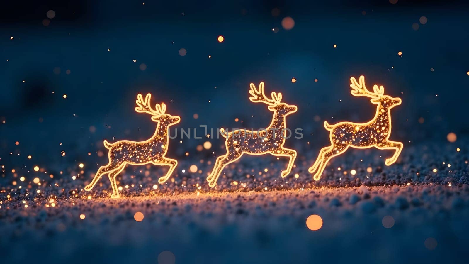 Reindeer silhouettes glowing with golden light leap gracefully across the stars in this magical and festive image.