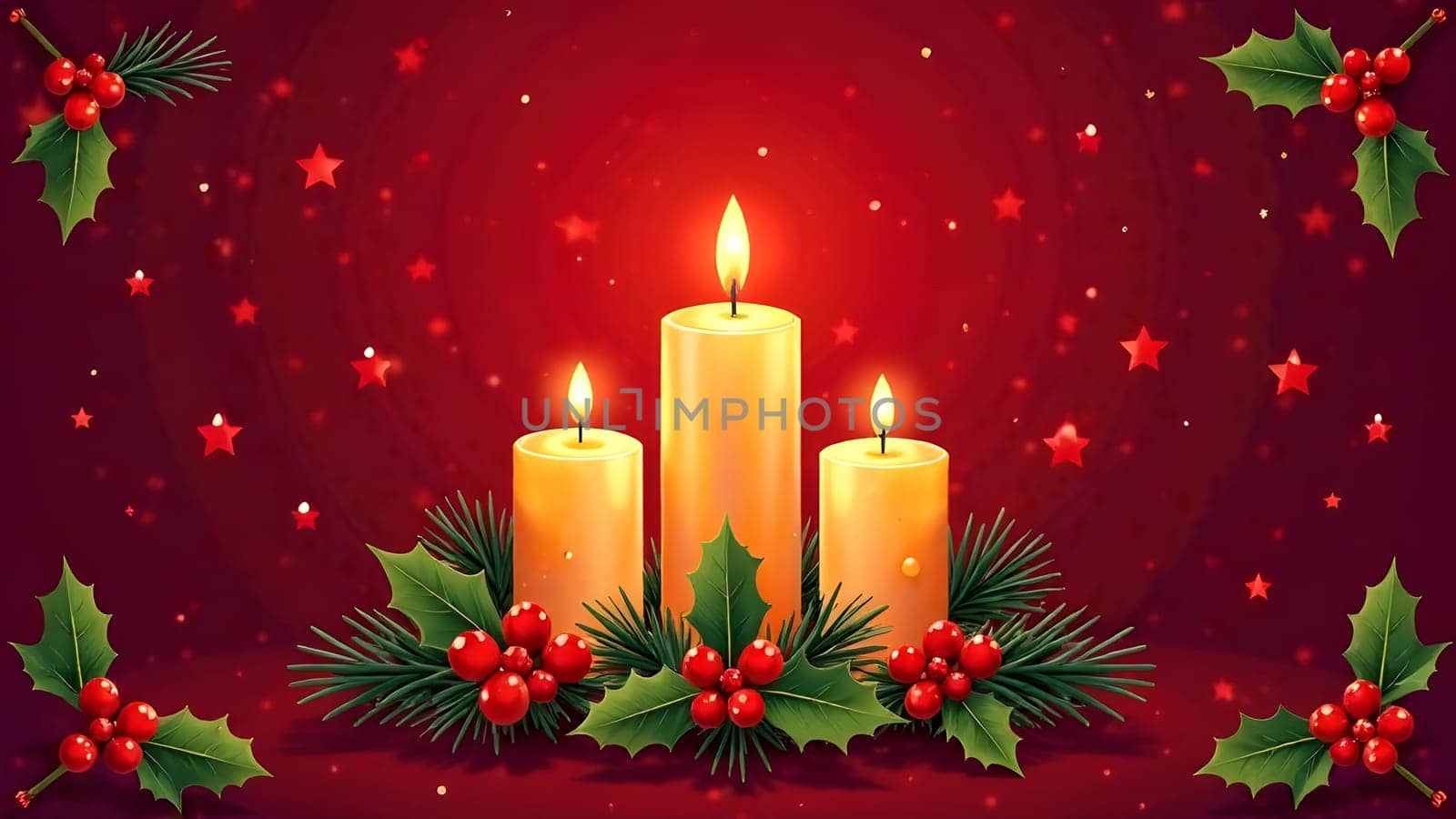 This seamless design features lit candles with holly leaves and pine accents, evoking the cozy glow of Christmas warmth.