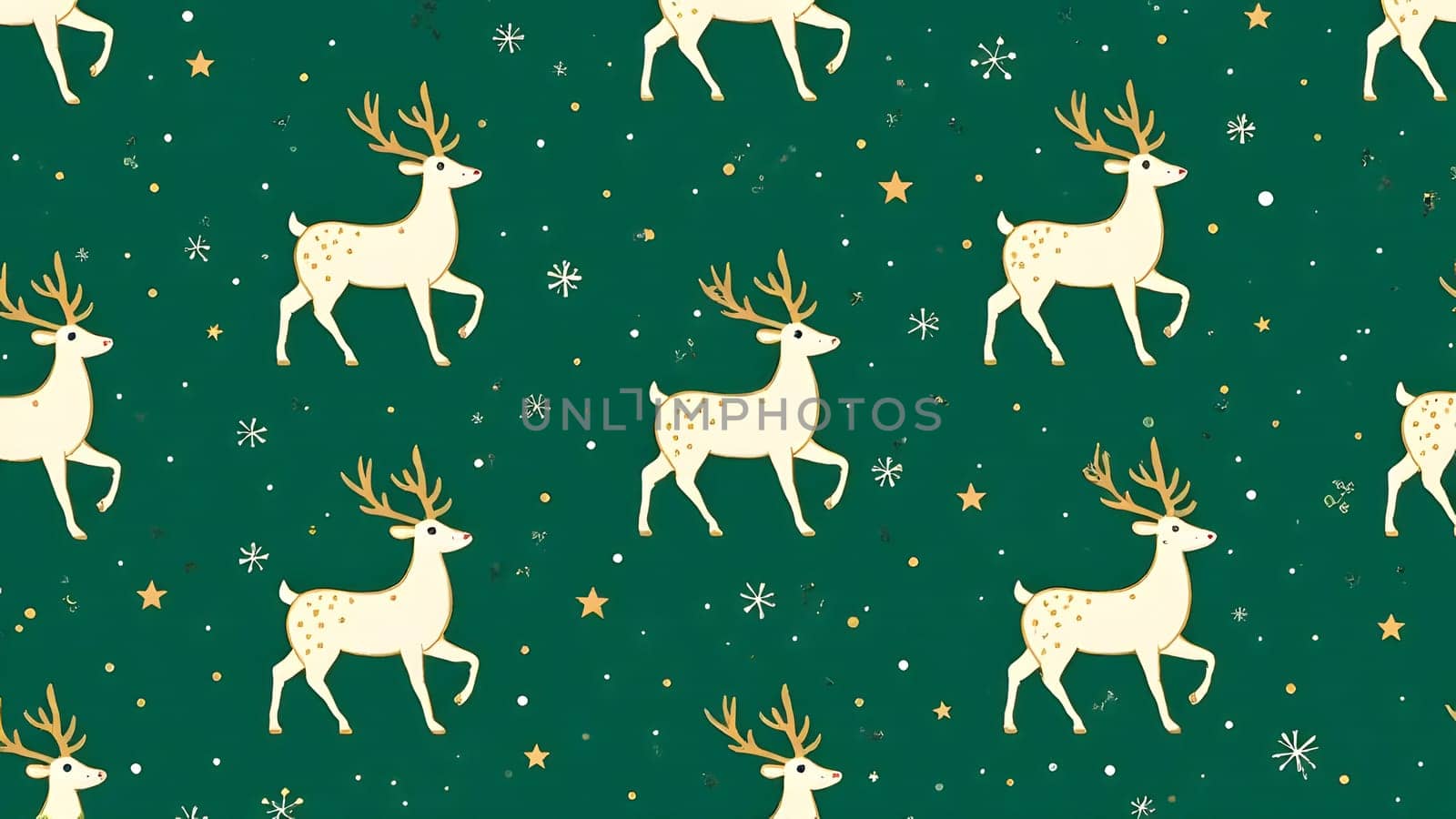 A seamless repeating pattern featuring minimalist reindeer silhouettes in elegant white and gold, accented with scattered stars and swirling snow, set against a rich emerald green background for a festive holiday feel.