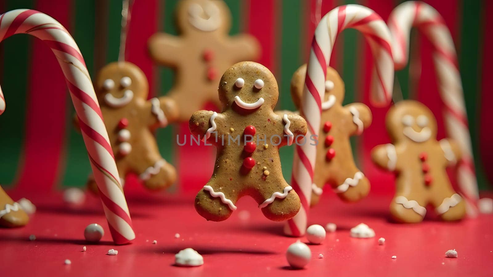 Rotating gingerbread cookies, lollipops, and candy canes create a cheerful, seamless loop over a festive striped background in red and green tones.