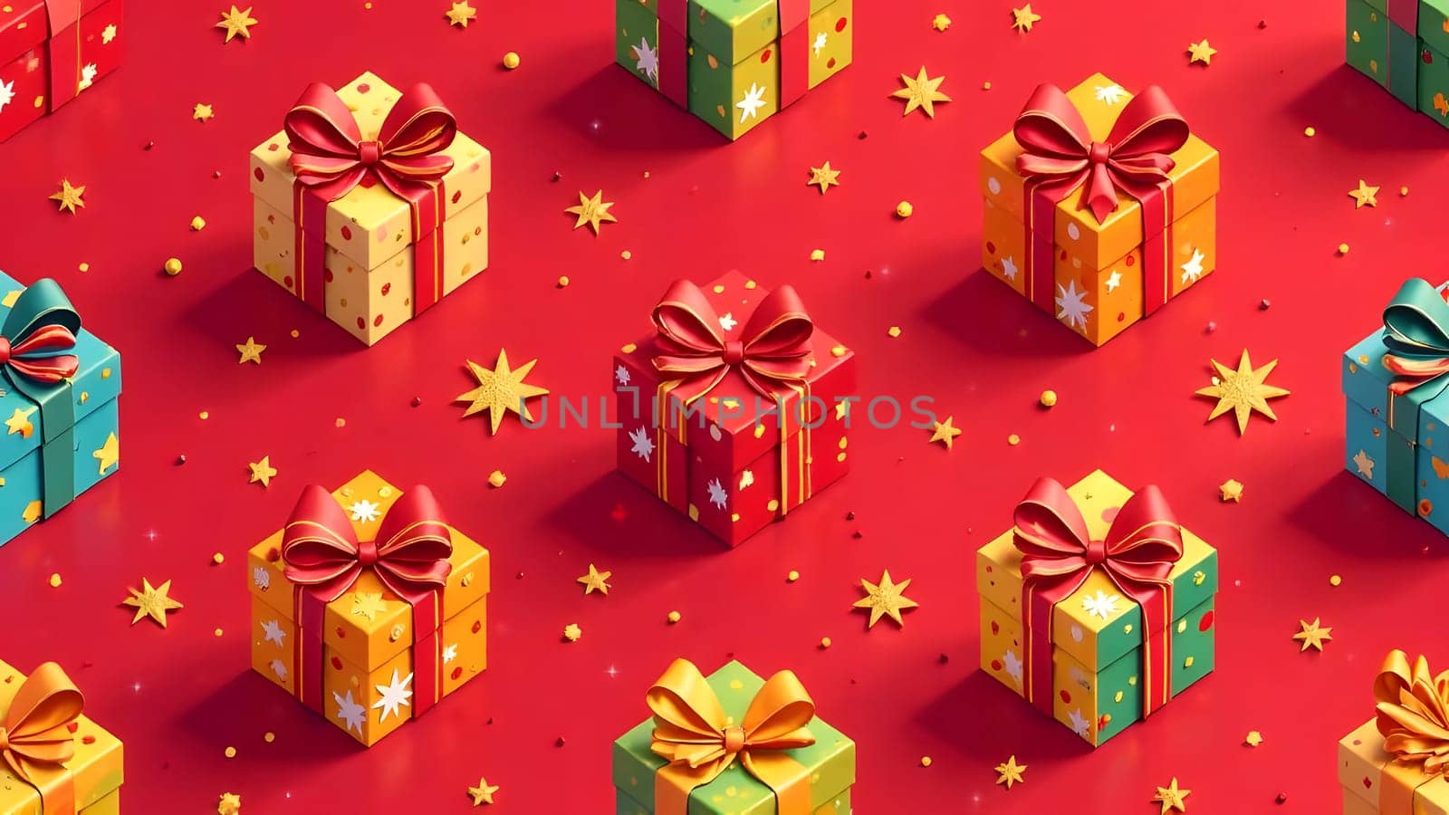 A playful pattern of wrapped gifts in bright colors, accented with candy canes and twinkling stars, arranged symmetrically on a vibrant red background, ideal for Christmas and New Years celebrations.