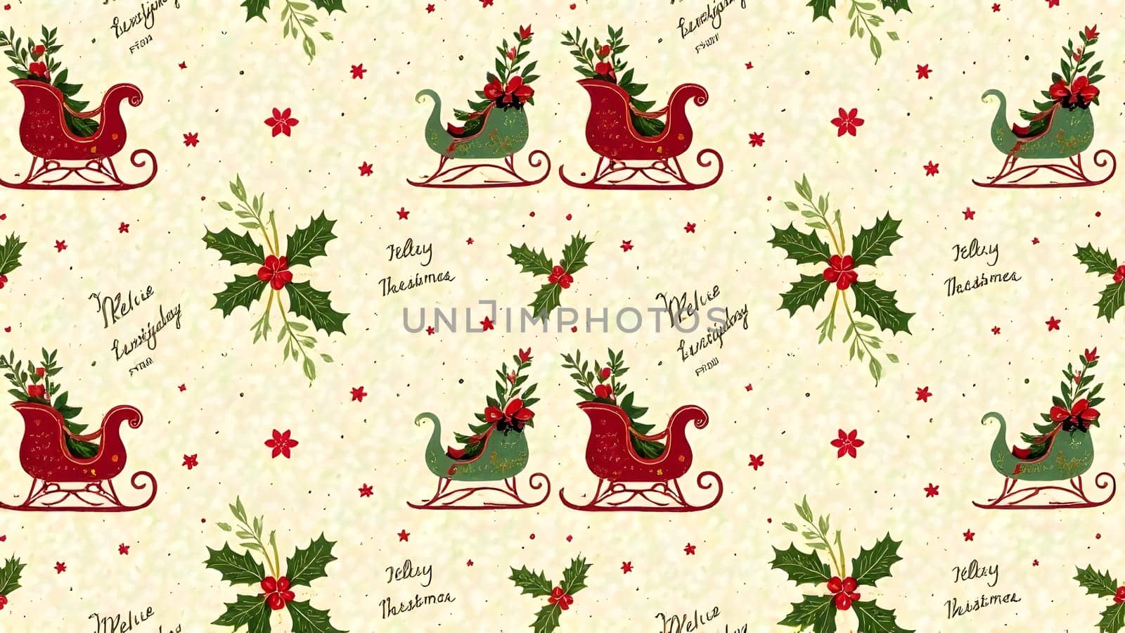 A seamless retro holiday pattern with antique sleighs, delicate holly leaves, and scripted greetings, styled in soft red and green tones to evoke nostalgic warmth.