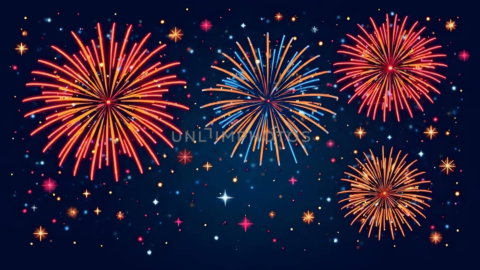 A vibrant image of fireworks bursting in brilliant colors against a dark night sky. Golden shimmering trails and soft drifting particles add a magical holiday touch.