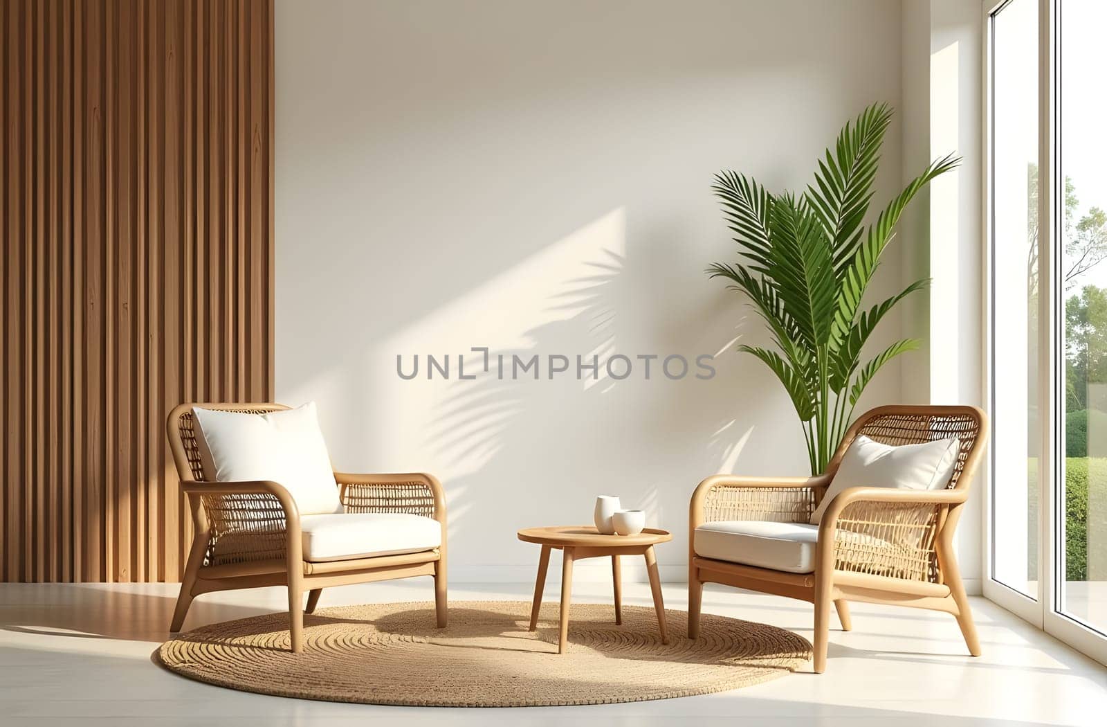 An eco-inspired living room with natural wood furniture, indoor plants, organic textiles, and large windows bringing in soft light and a view of nature. High quality photo