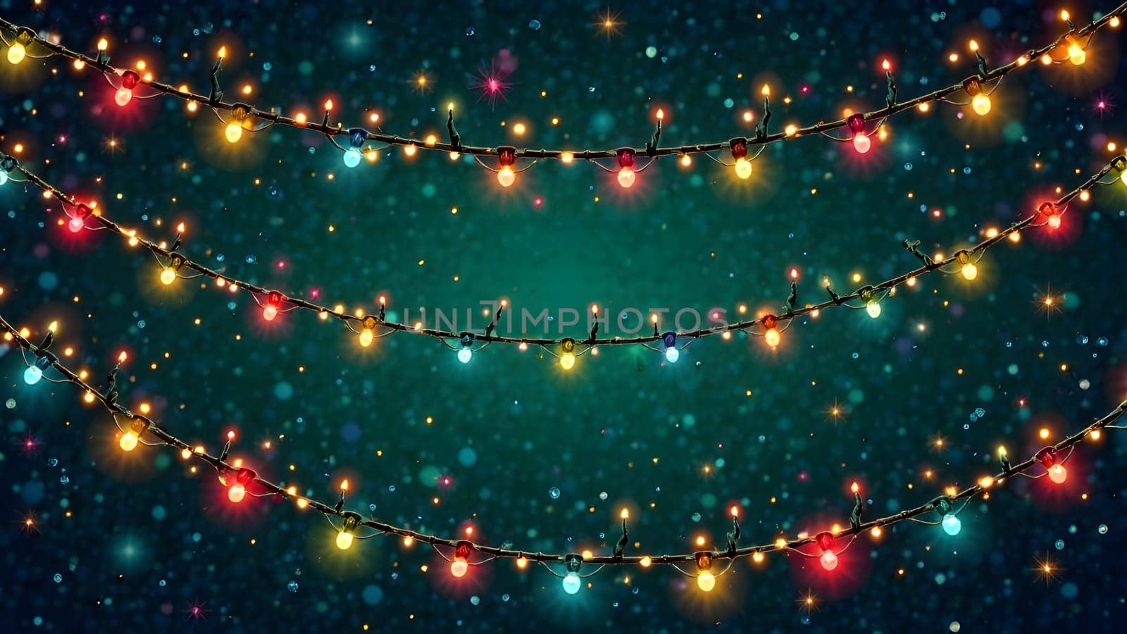 This festive pattern features brightly glowing Christmas lights and garlands in vibrant multicolored hues, elegantly arranged on a dark green or black backdrop for a cheerful holiday feel.