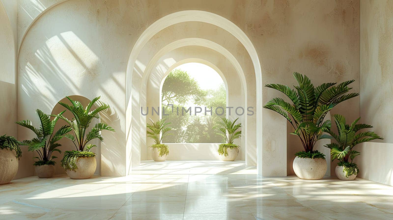 Sunlight streams through large arches illuminating a spacious interior filled with vibrant green plants. This tranquil space features soft tones and modern architecture, enhancing relaxation.