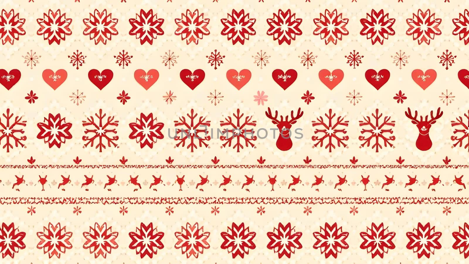 A traditional Scandinavian-inspired pattern with snowflakes, reindeer, and hearts in red and white on a cream background evokes holiday warmth.