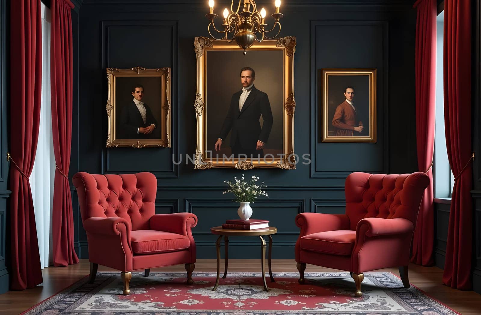 An elegant, classic living room with a velvet armchair, patterned rug, vintage art on the walls, and a crystal chandelier, illuminated by soft evening light. High quality photo