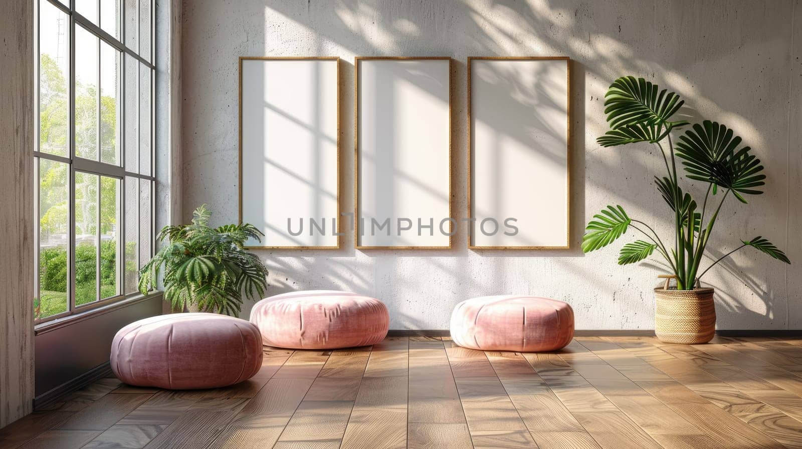 A bright room features three empty picture frames on a wall, soft pink cushions on a wooden floor, and a large window letting in sunlight with plants visible outside.