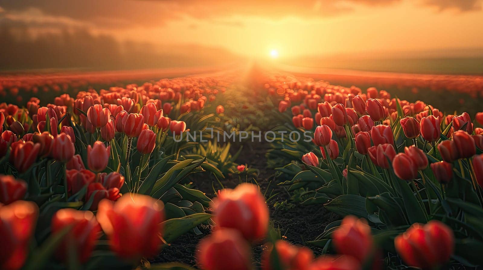 Colorful fields filled with blooming tulips stretch out under a stunning sunset, casting a warm glow over the landscape, creating a serene and picturesque view.