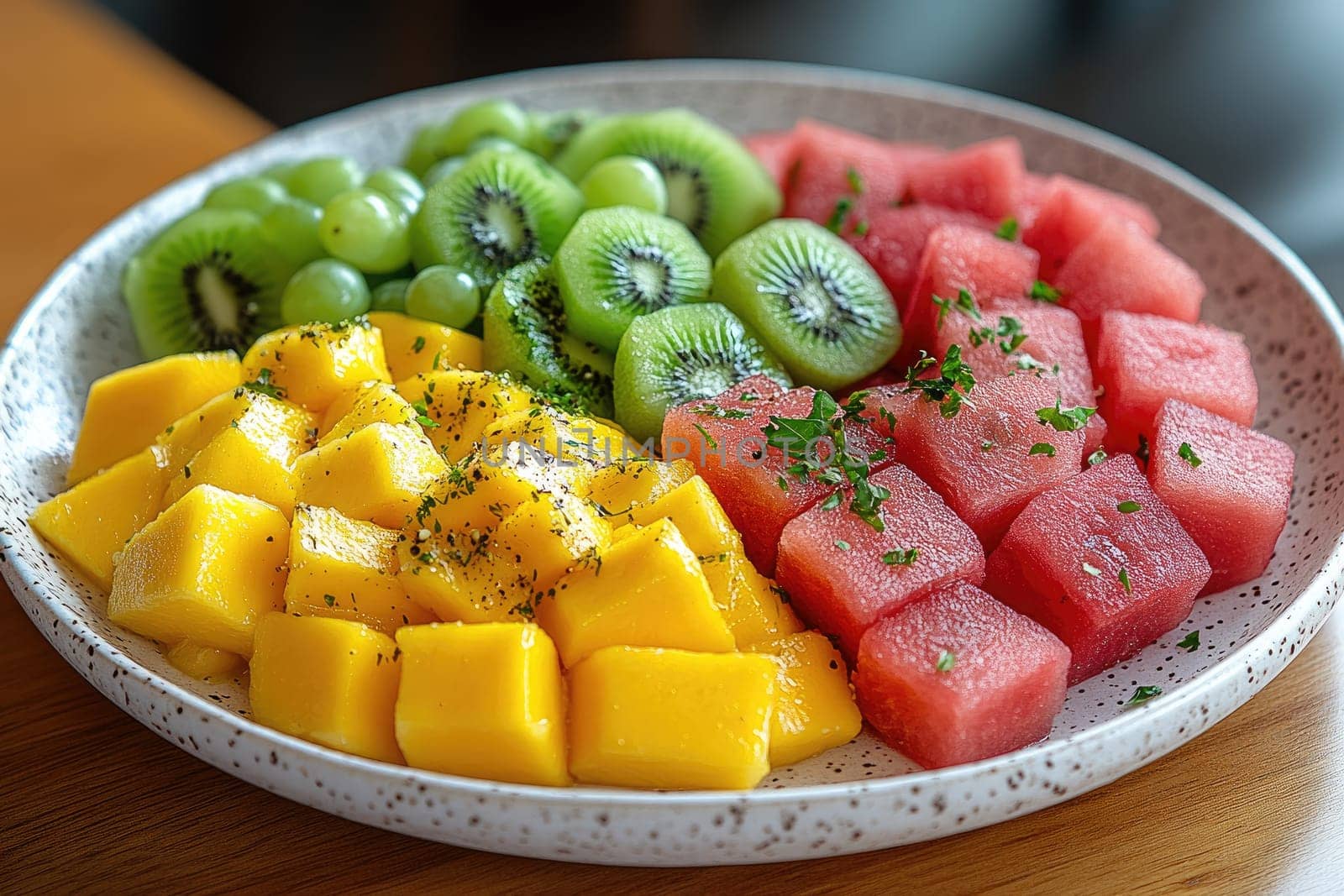 A colorful assortment of fresh fruits showcases diced mango, watermelon cubes, green grapes, and slices of kiwi arranged neatly on an elegant plate, garnished with mint.