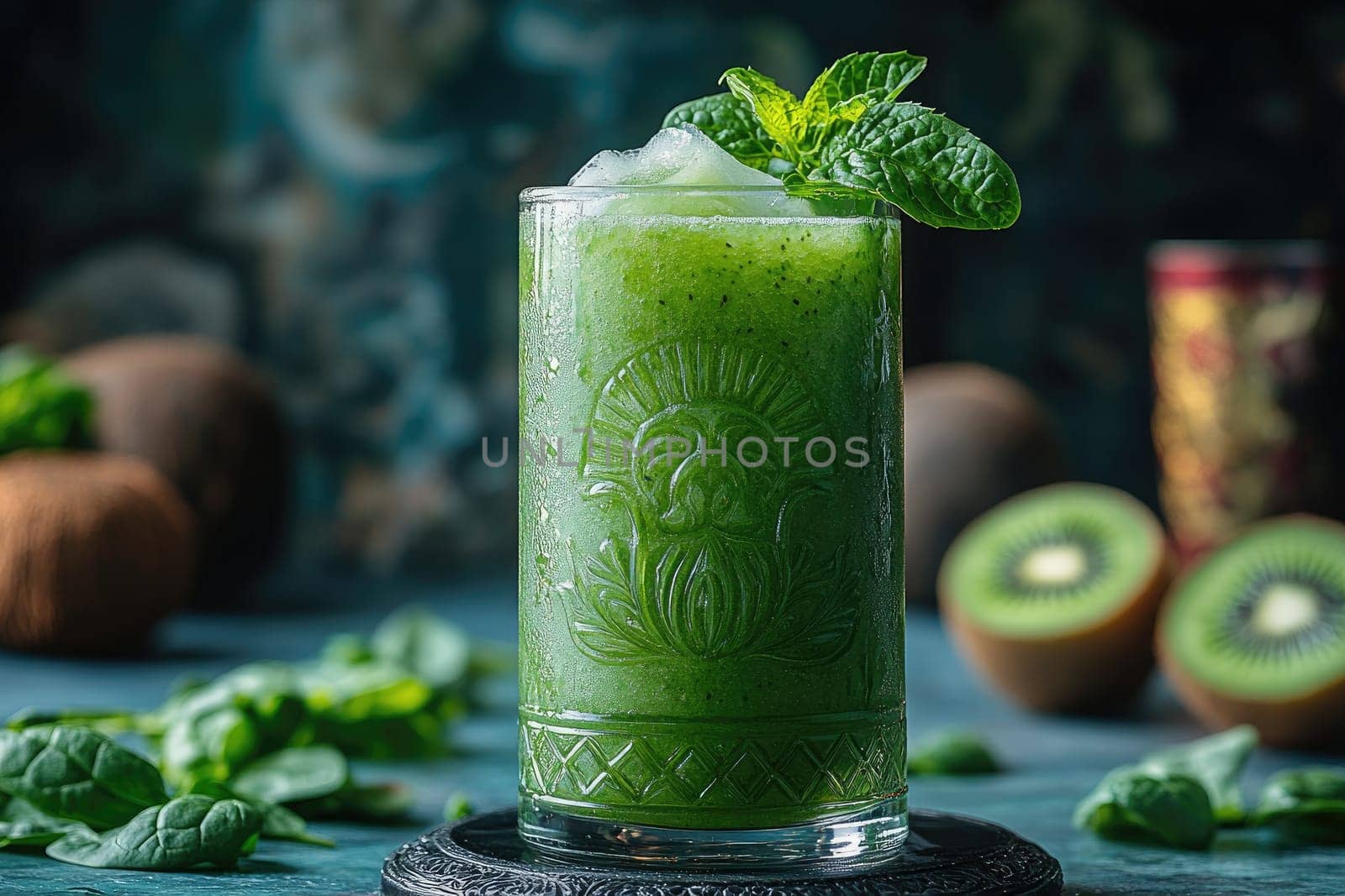 A vibrant green smoothie filled with healthy ingredients like spinach and kiwi is served in a detailed glass, garnished with mint. The background features tropical elements.