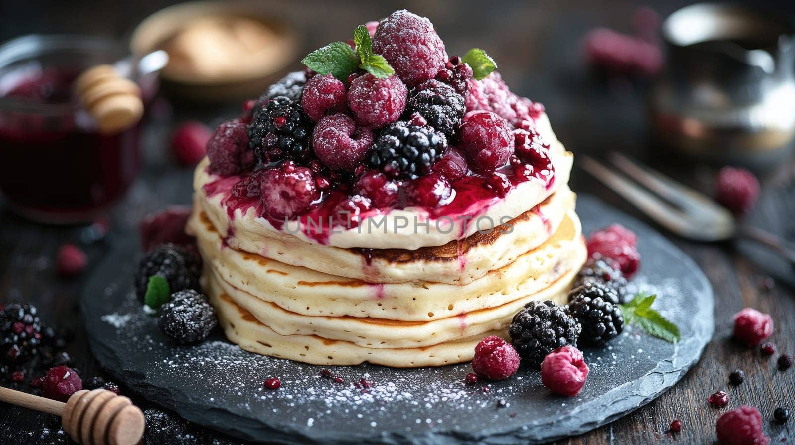 A tempting stack of fluffy pancakes is adorned with a medley of fresh raspberries and blackberries, generously drizzled with sweet syrup, creating an appealing dessert.
