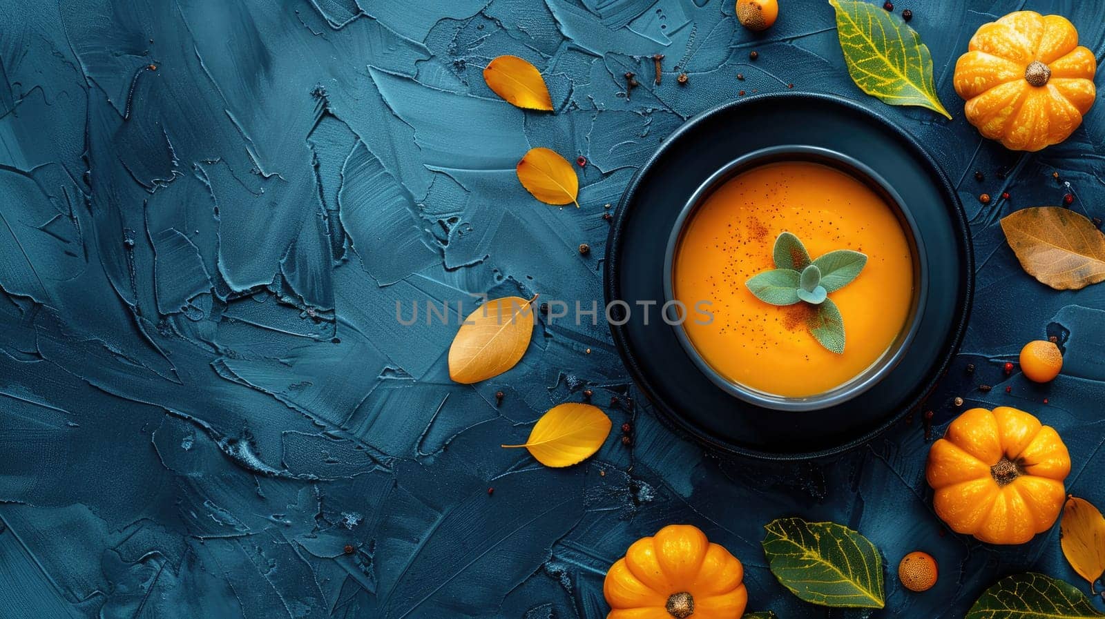 Rich orange pumpkin soup is elegantly presented in a black bowl, surrounded by small pumpkins and vibrant autumn leaves on a textured blue background, creating a cozy autumn atmosphere.