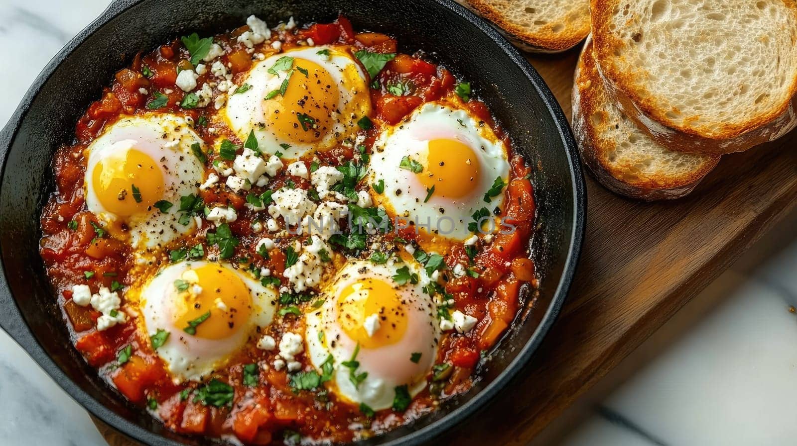 A flavorful dish of shakshuka with poached eggs nestled in a rich tomato sauce, garnished with herbs and accompanied by crispy toasted bread.