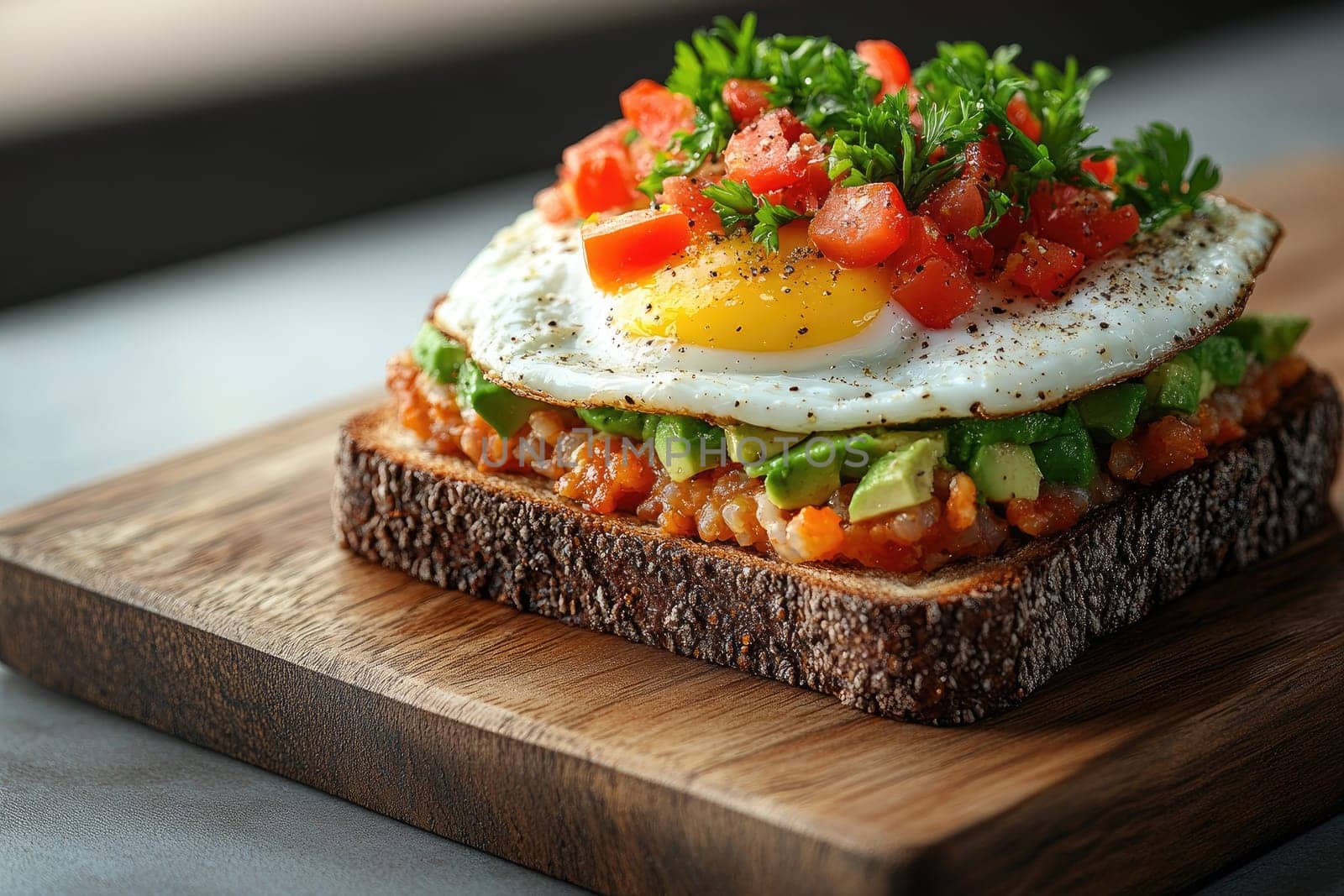 Freshly prepared avocado toast piled high with a sunny side up egg, diced tomatoes, and herbs on a rustic wooden board, perfect for a nutritious breakfast.