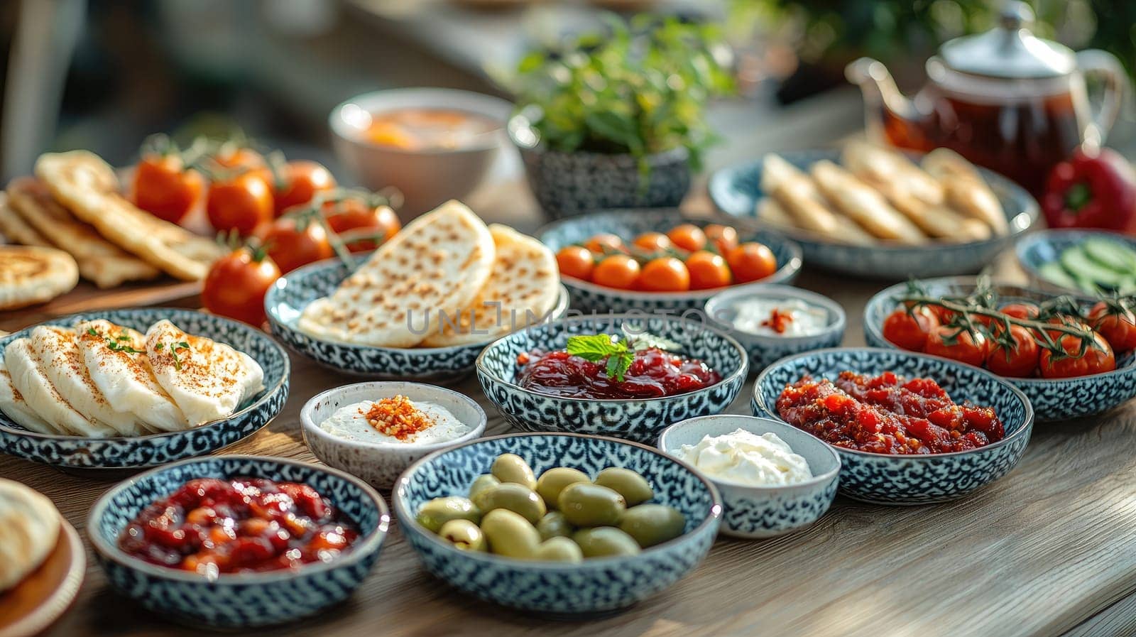 An assortment of Middle Eastern dishes featuring olives, fresh vegetables, dips, and breads arranged on a wooden table. The vibrant colors and presentation create a warm dining experience.