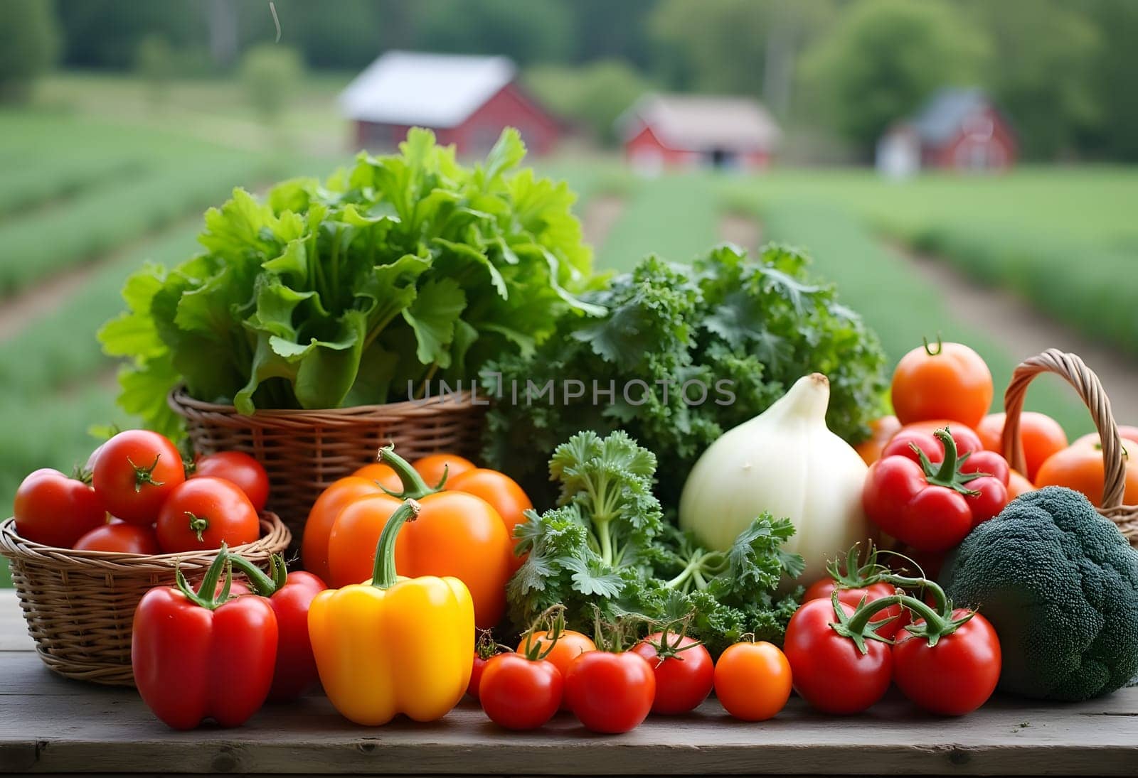 Freshly picked fruits and vegetables are arranged in rustic baskets on a wooden farm table, with soft natural light highlighting their vibrant colors against a green field background. High quality photo