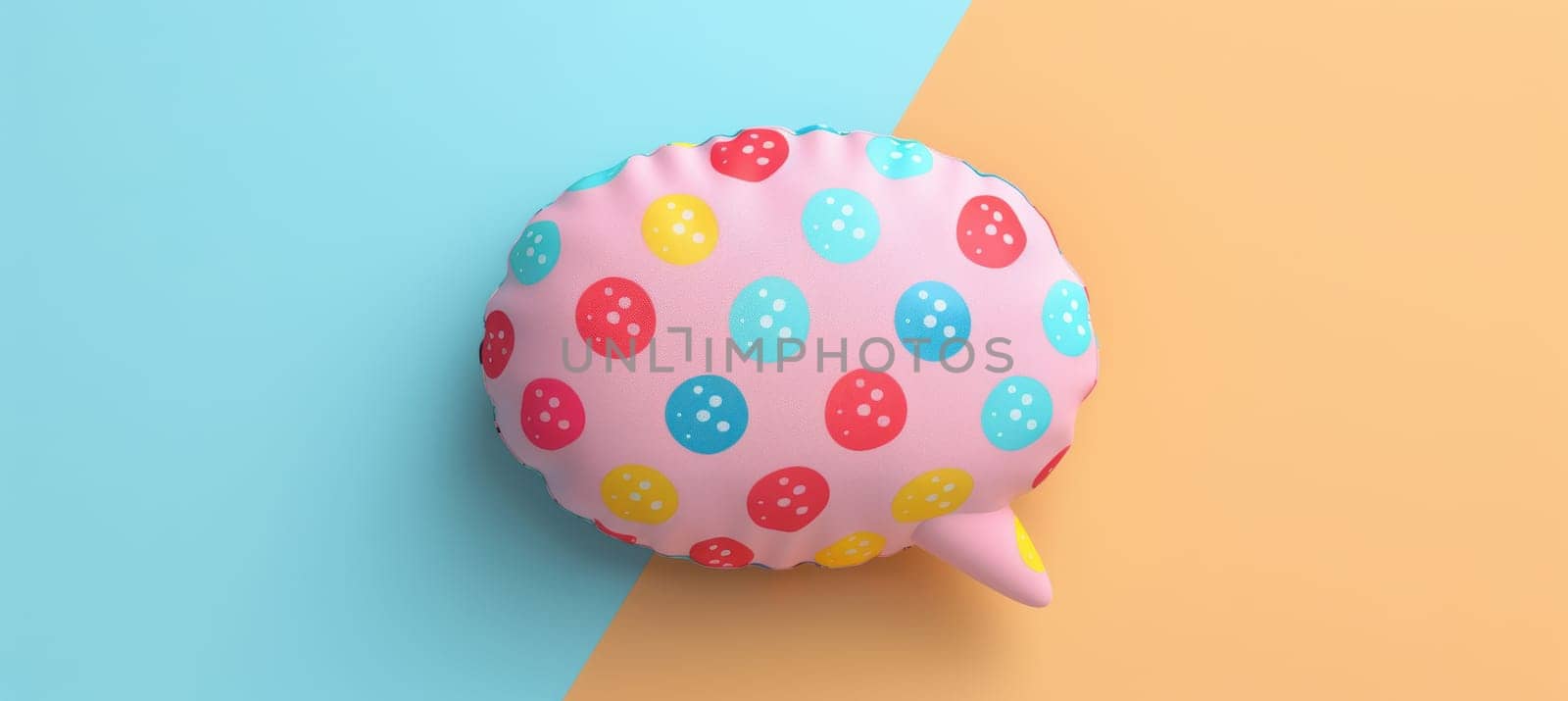 A playful cartoon-style speech bubble with vibrant polka dots floats against a pastel background. the bright, cheerful colors and whimsical design make it ideal for engaging print materials, cards, or posters targeting a fun-loving audience.