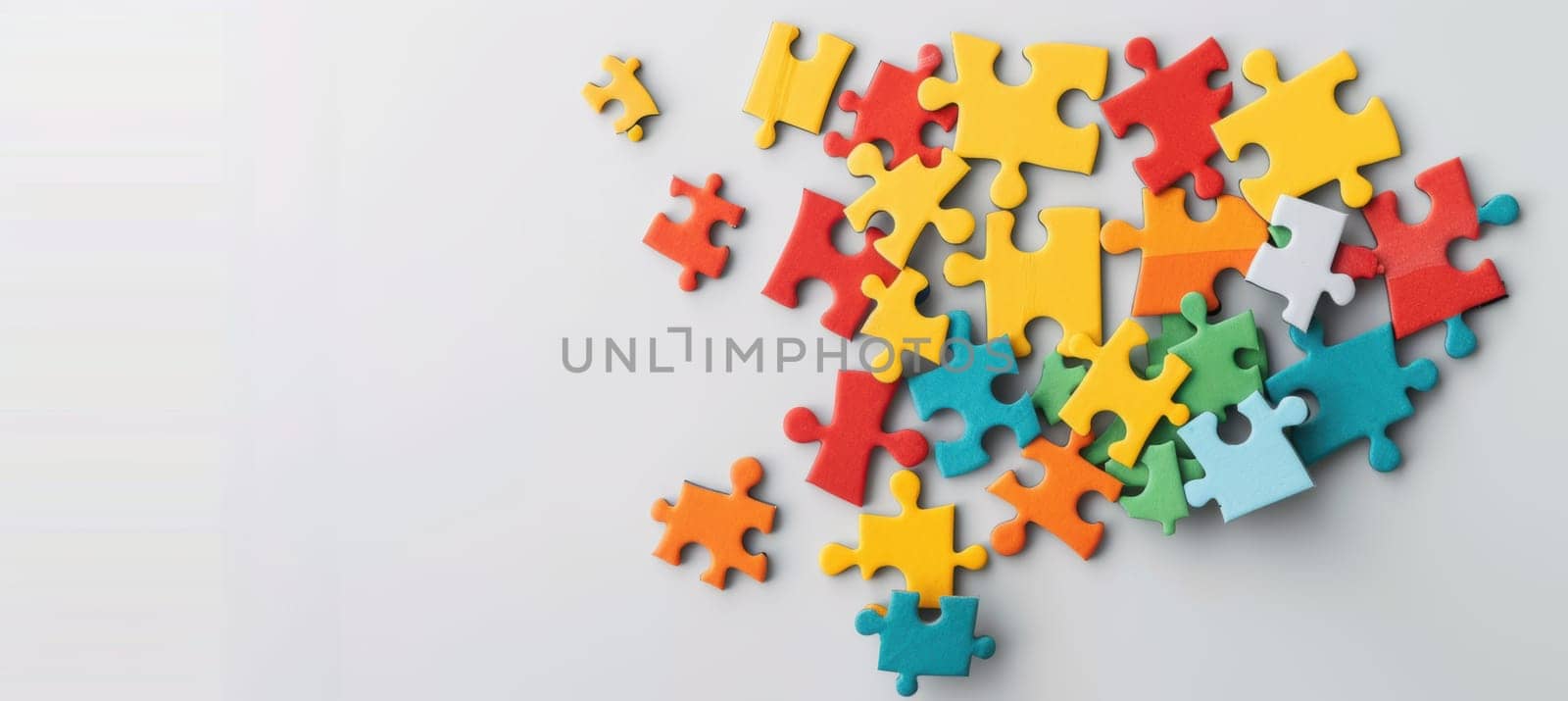 A vibrant assortment of colorful puzzle pieces forms a playful speech bubble on a flat white background. ideal for educational and teamwork-themed designs, this image offers a creative concept suitable for campaigns and graphic projects.