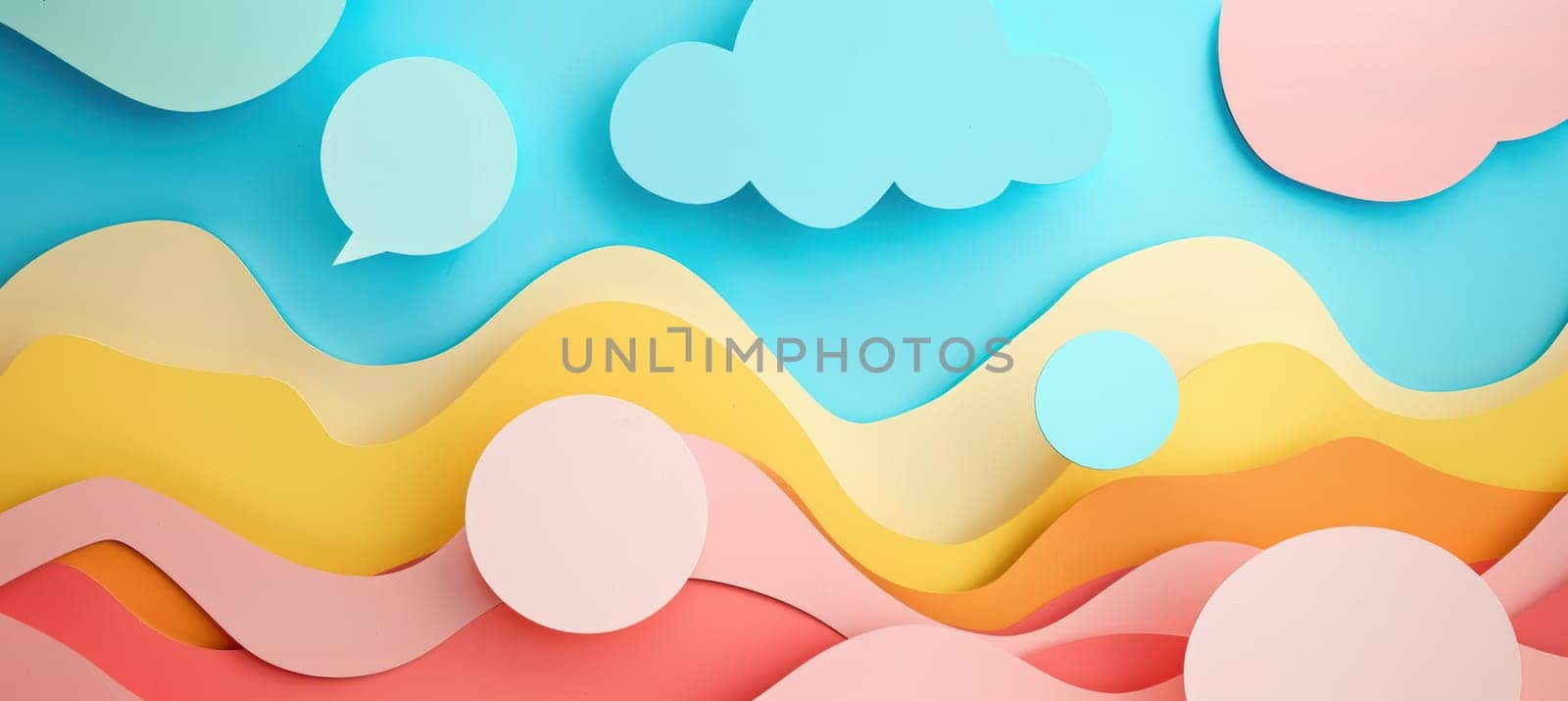 Vibrant paper craft scene with multi-layered speech bubble and cloud motifs on a pastel backdrop. ideal for children's content, featuring playful, approachable elements and textures, perfect for design in educational or creative projects.