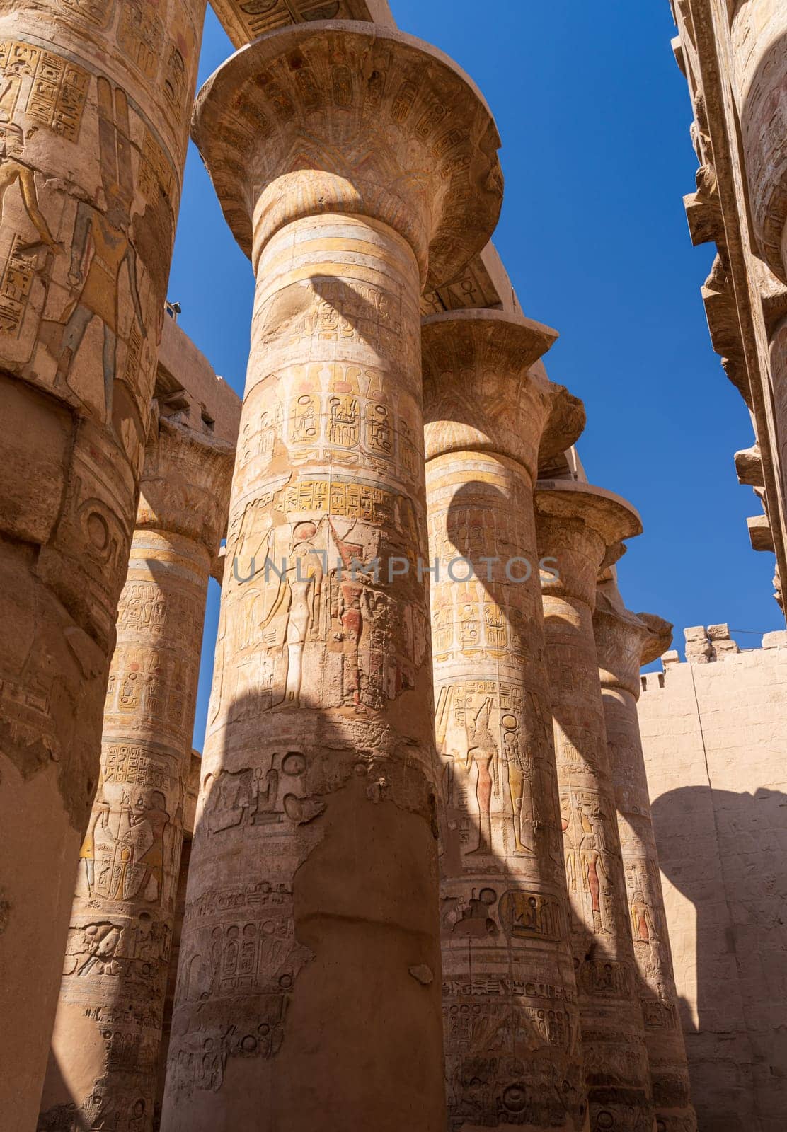 Detail of the carvings on the numerous stone columns supporting roof of Karnak Temple near Luxor