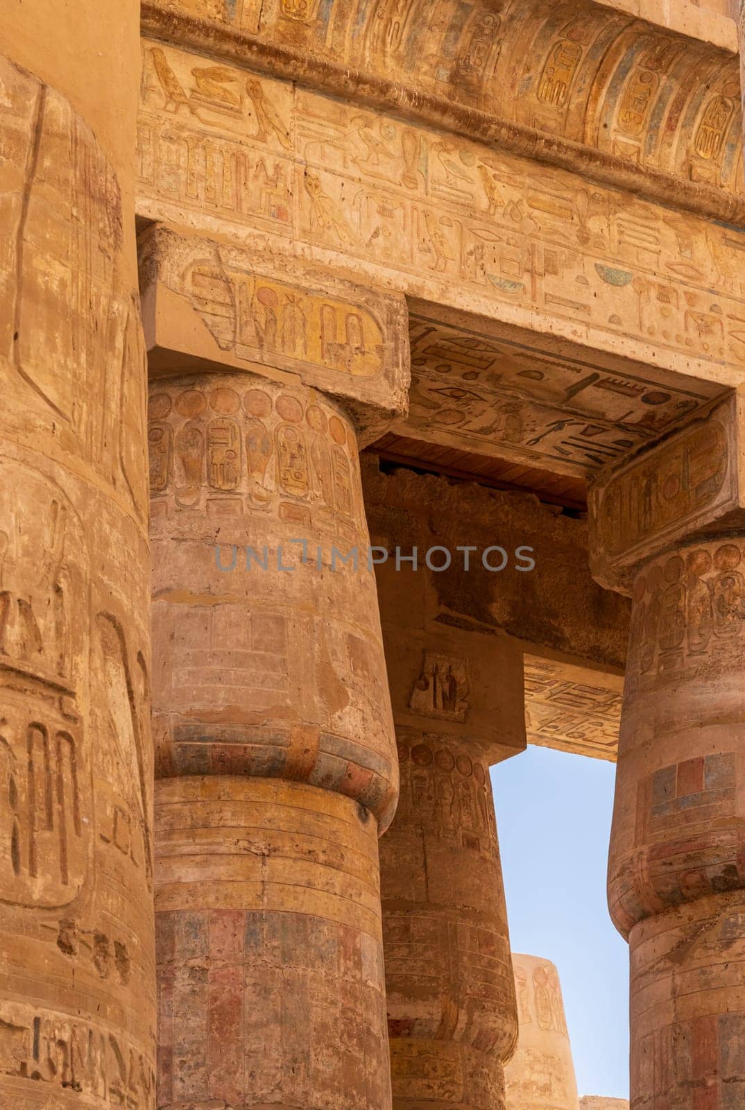 Detail of the carvings on the numerous stone columns supporting roof of Karnak Temple near Luxor